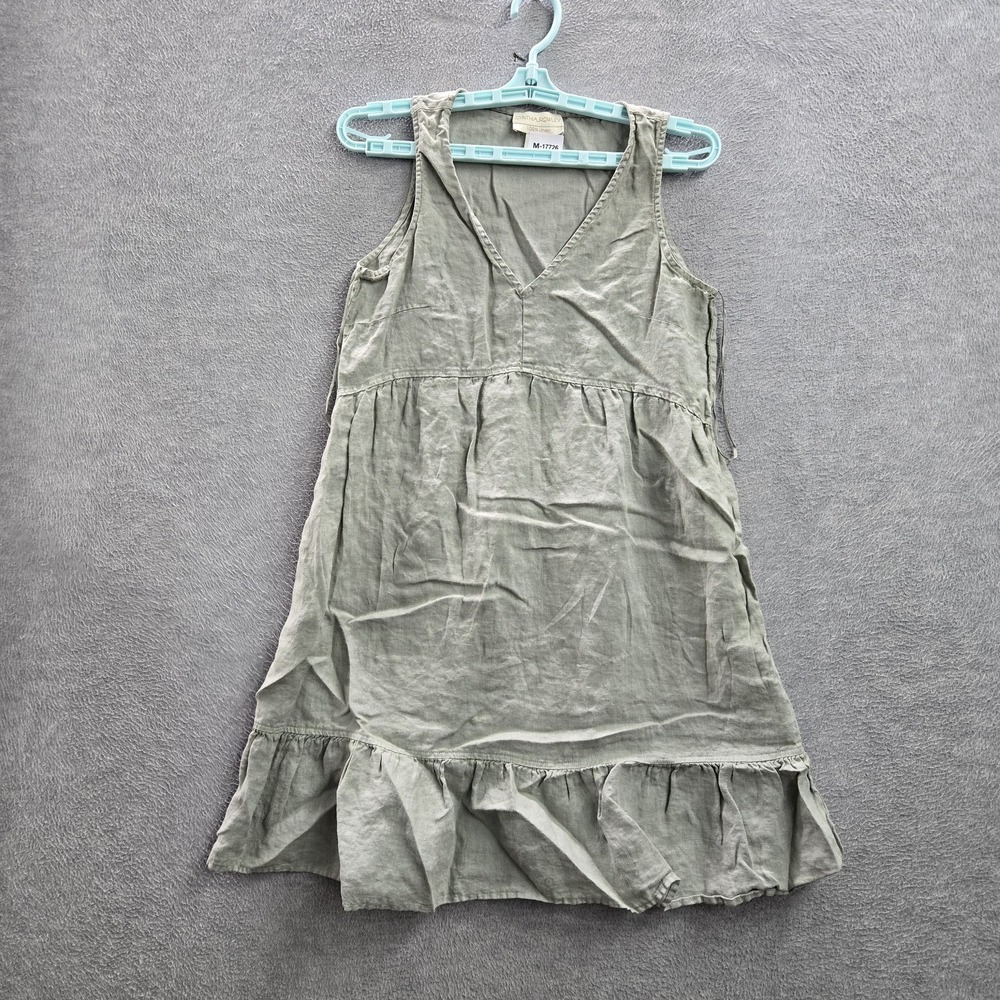 Cynthia Rowley Women Dress S Green Linen Fit & Flare Ruffle Sleeveless